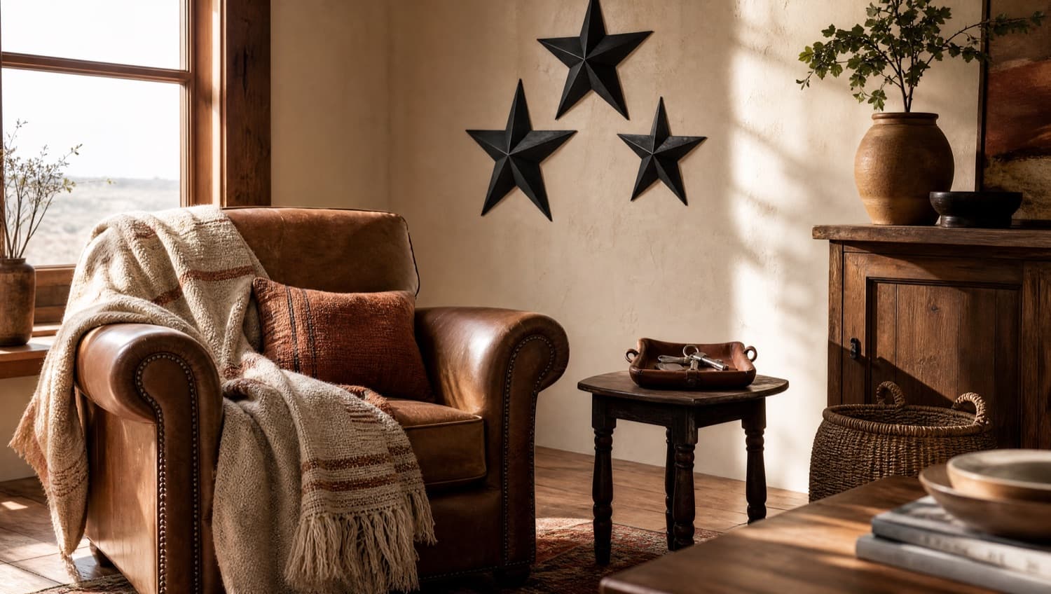A western ranch-house living room corner: a woven throw over a leather armchair, a leather valet tray on a side table and three metal stars on a cream plaster wall