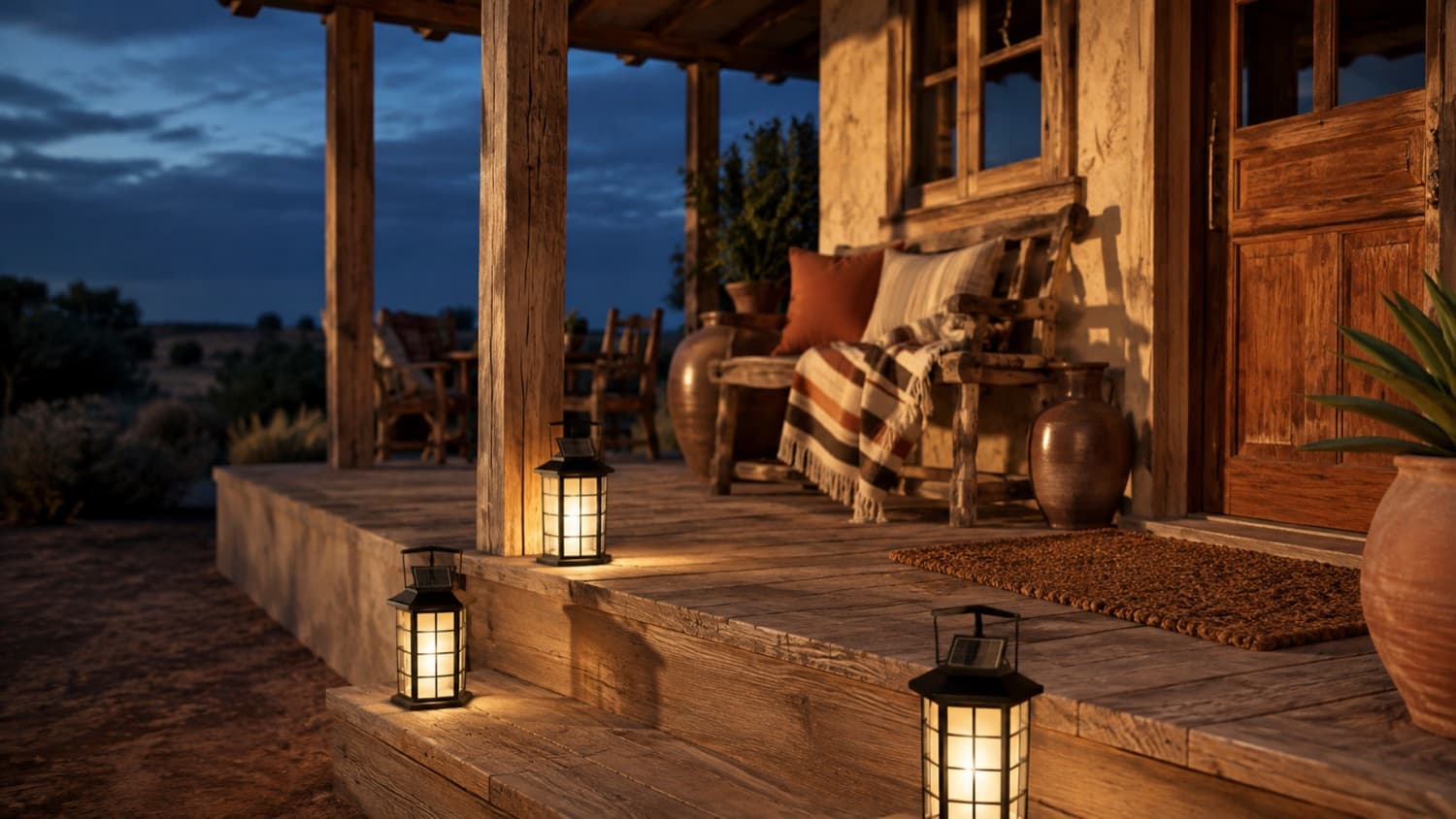 A covered porch at dusk lit by three solar lanterns on the steps, with a woven blanket over a bench