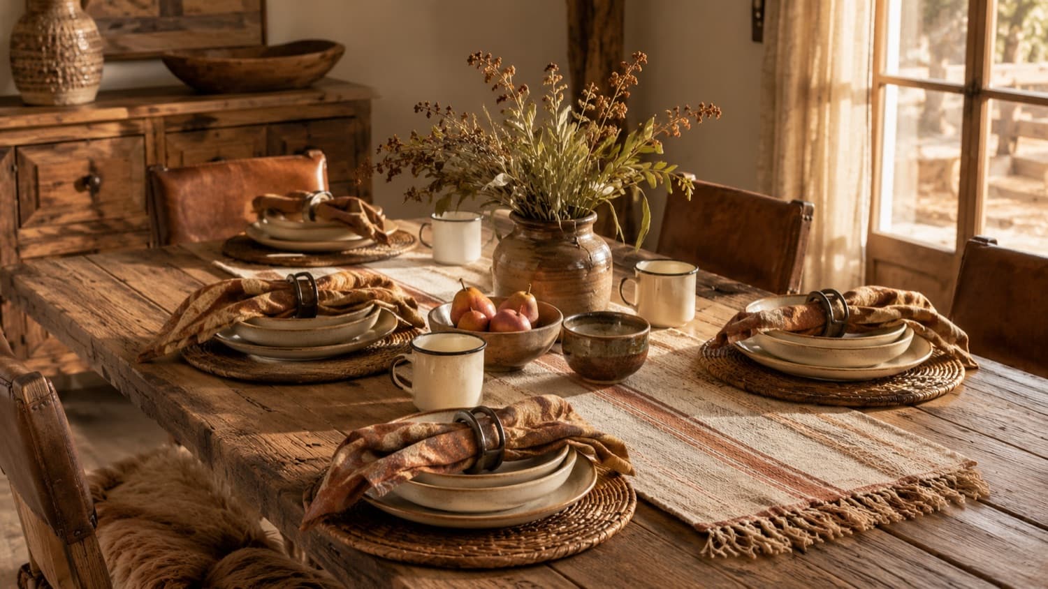 A rustic oak dining table set with stoneware plates, woven placemats, enamel mugs and a fringed runner