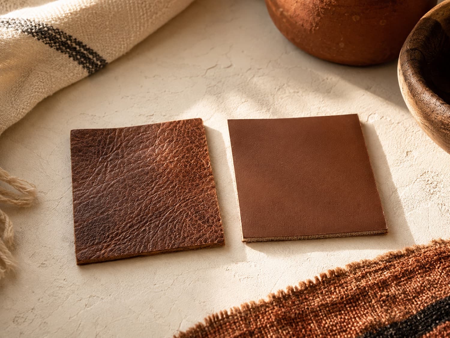 Two swatches side by side: full-grain cowhide with visible natural pores on the left, smooth synthetic polyurethane with a fabric backing on the right
