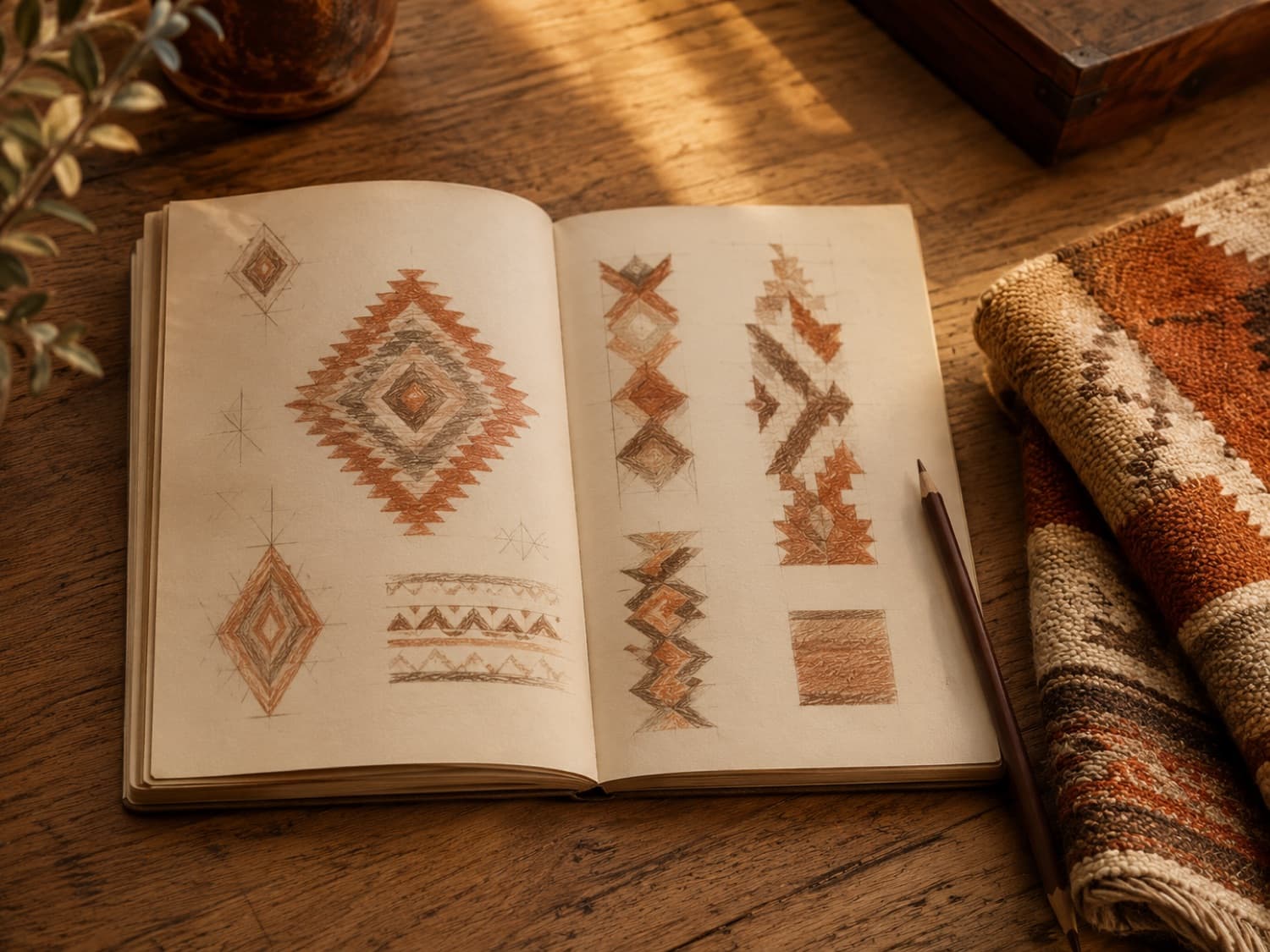 An open sketchbook showing hand-drawn original geometric diamond and zigzag pattern studies in terracotta and brown pencil beside a woven fabric sample