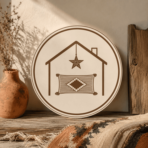 A round wooden plaque engraved with a house containing a cushion and a hanging star